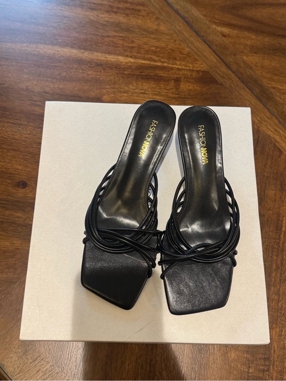 Fashion Nova Black Strappy Square-Toe Slide Heels with Wrap Straps